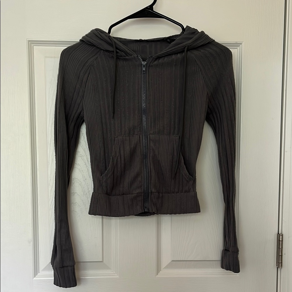 Shein Gray Ribbed Zip-Up Hoodie